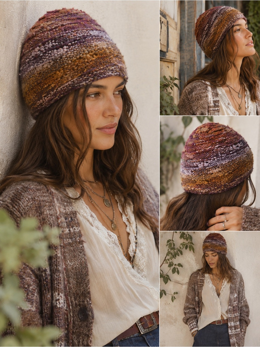 Renees Textured Knit‎ Beanie Hat Purple Brown Boho Artisan Cozy